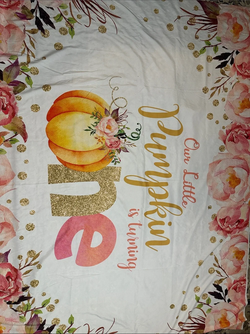 One Little Pumpkin First Birthday Photo Backdrop and high chair tutu